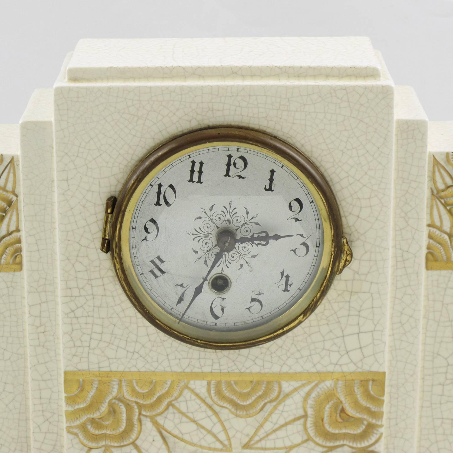 Early 20th Century French Art Deco Crackle Ceramic Mantel Clock Set & Matching Garniture by Orchies