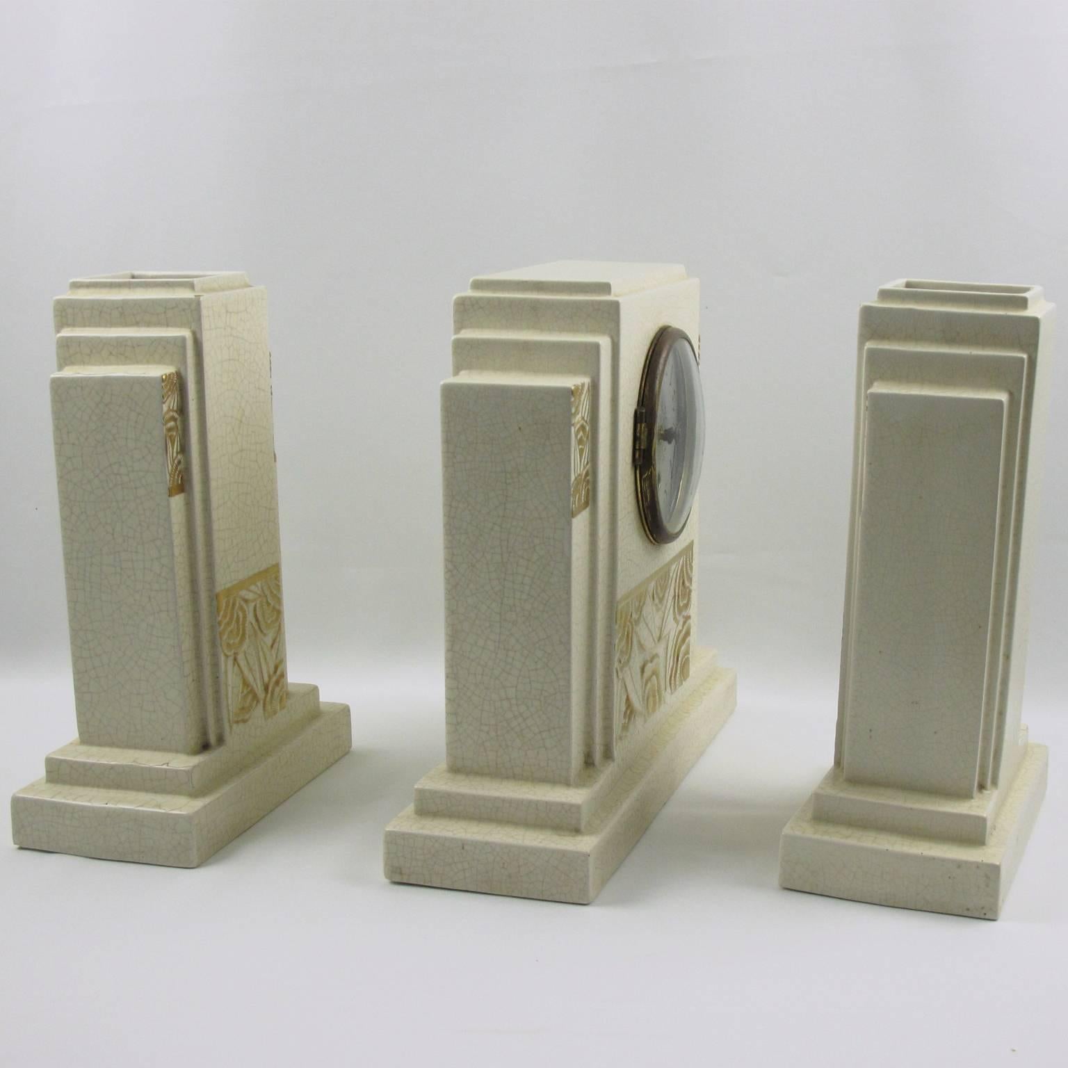 French Art Deco Crackle Ceramic Mantel Clock Set & Matching Garniture by Orchies In Good Condition In Atlanta, GA