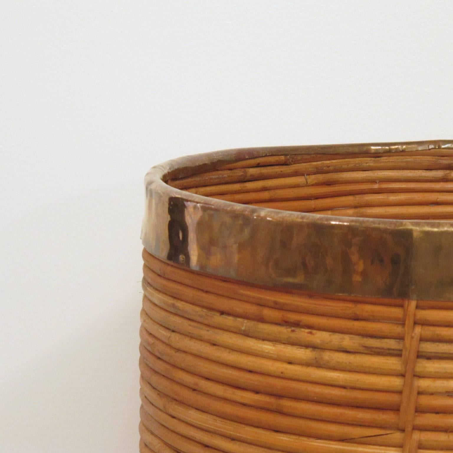 Pair of Decorative Mid-Century Brass & Rattan Bamboo Planters Italy, circa 1970s 1