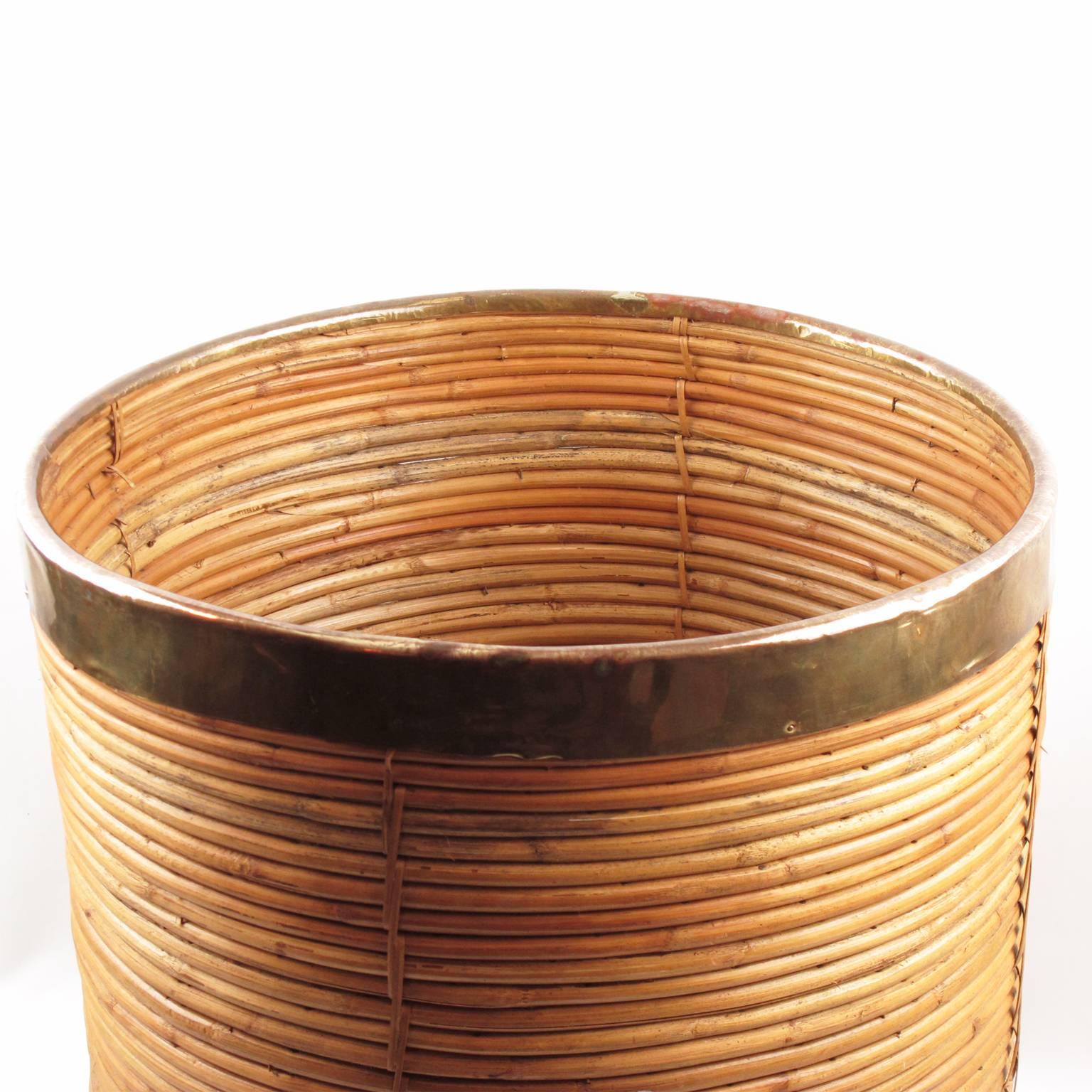 Pair of Decorative Mid-Century Brass & Rattan Bamboo Planters Italy, circa 1970s 2