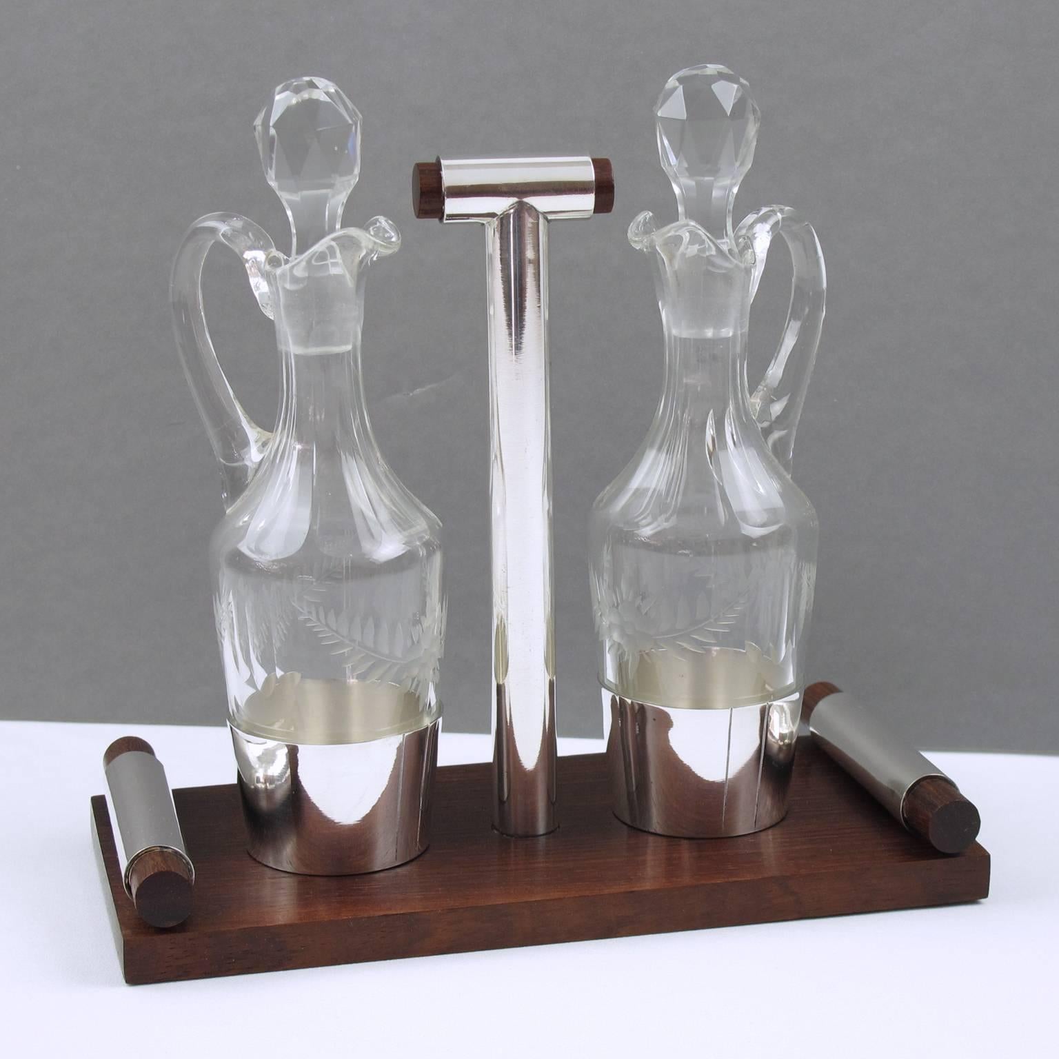 French Art Deco Macassar and Silver Plate Oil and Vinegar Cruet Table Set In Excellent Condition In Atlanta, GA