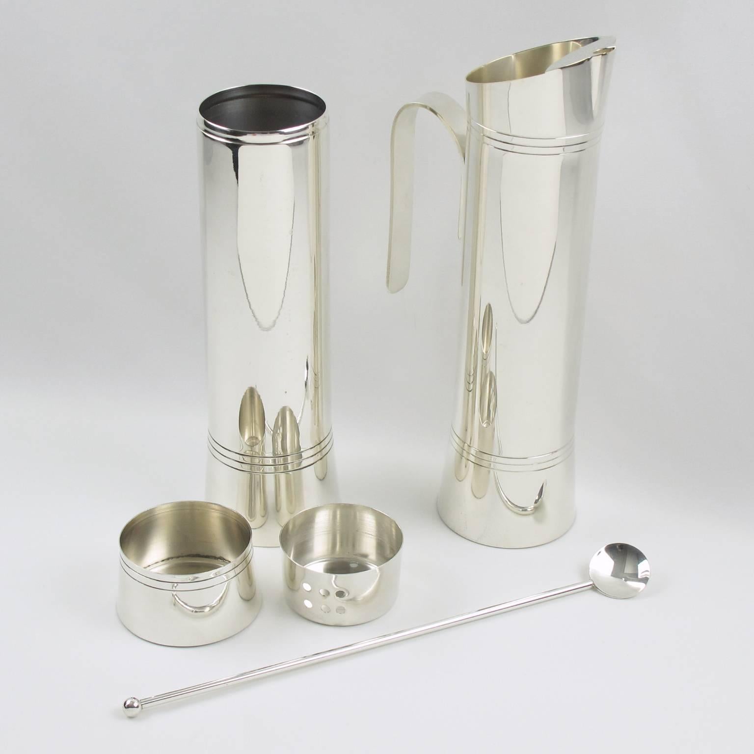 Italian Modernist Silver Plate Barware Set Cocktail Shaker and Martini Pitcher 4