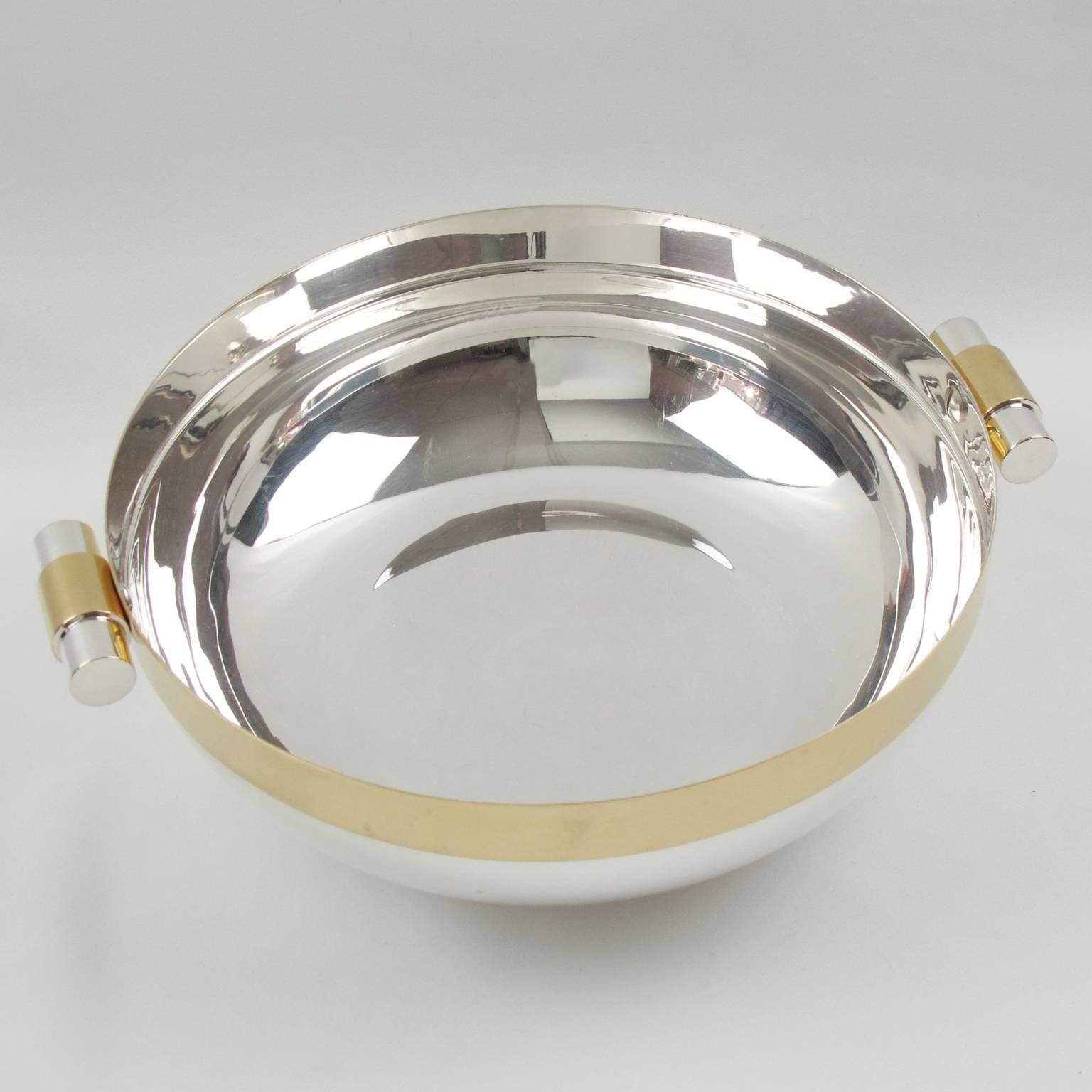 French Mid-Century Modernist Brass and Chrome Centrepiece Serving Bowl, circa 1970s