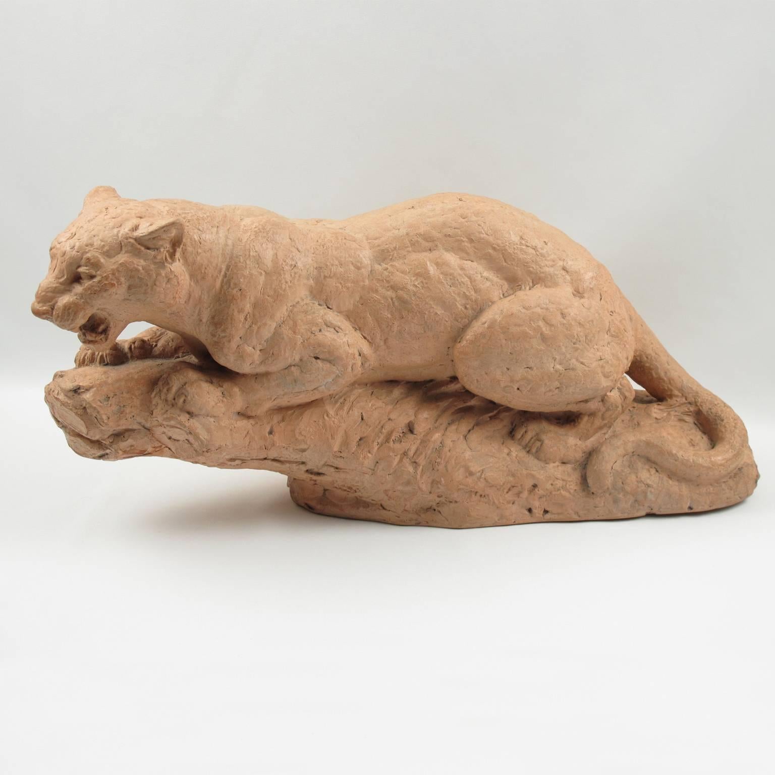 French Art Deco Figural Terracotta Sculpture of Lioness by Henri Bargas, circa 1930s