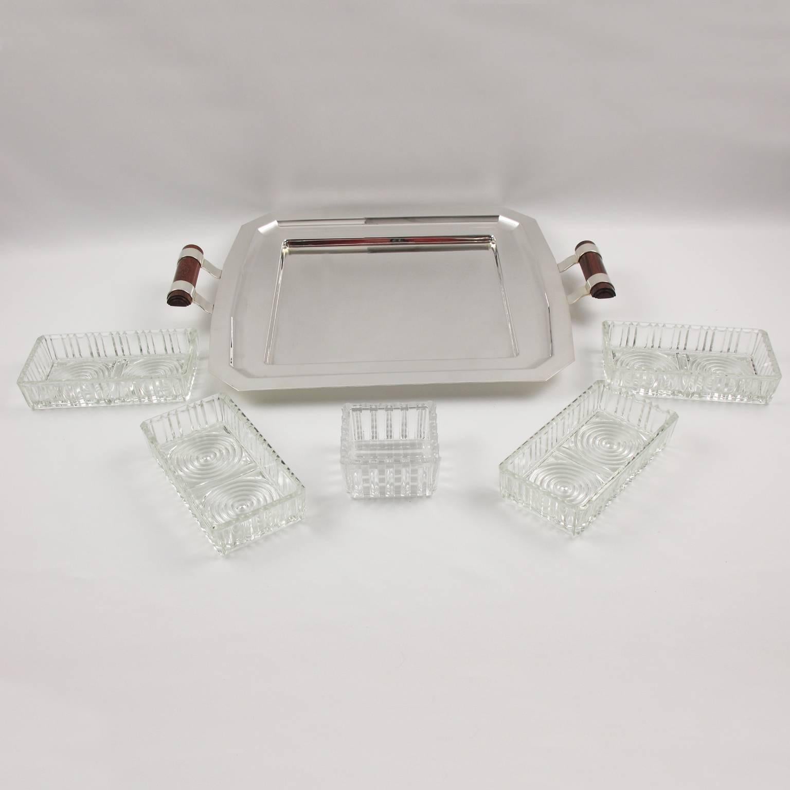 French Art Deco Hors D'oeuvres Barware Silver Plate Serving Tray & Dishes, 1930s In Excellent Condition In Atlanta, GA