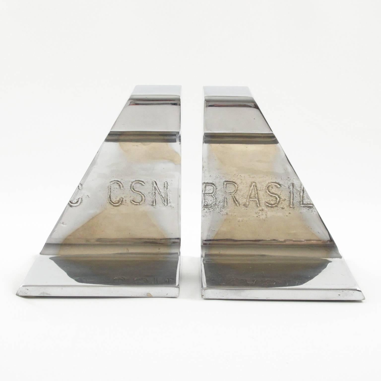 Industrial Stainless Steel Pair of Bookends Railroad Rail Section CSN Brasil In Excellent Condition In Atlanta, GA