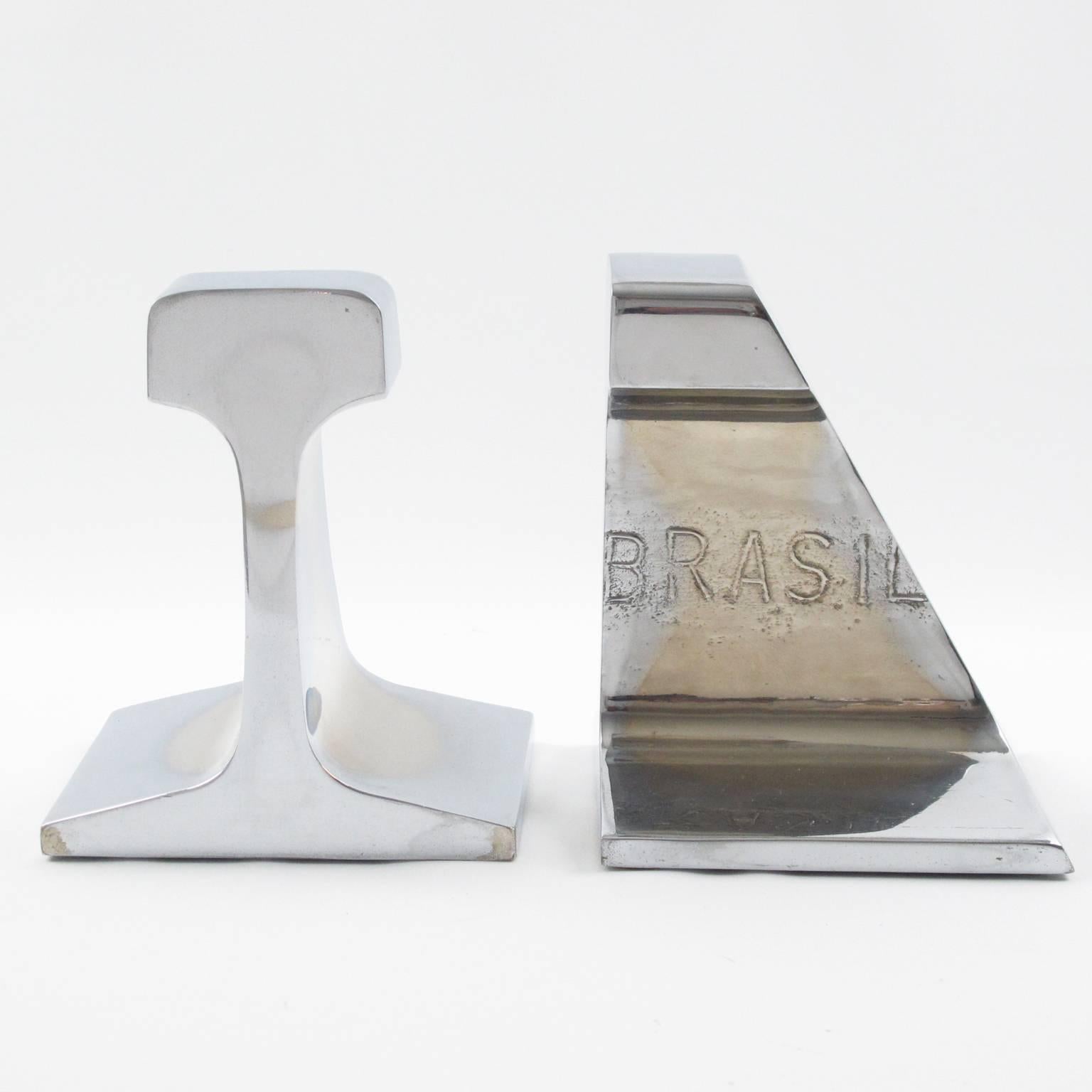 Brazilian Industrial Stainless Steel Pair of Bookends Railroad Rail Section CSN Brasil