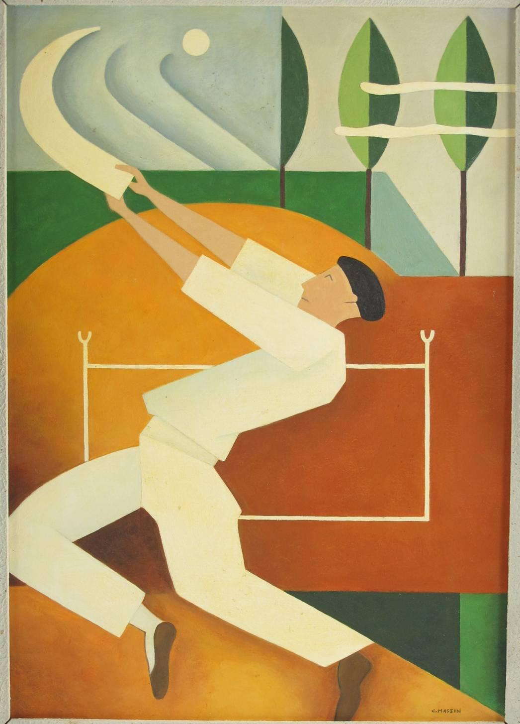 Stunning French Art Deco cubist gouache on cardboard in original frame by C. Massin. Signed on bottom right corner. Featuring a sportsman playing Jai Alai also called in Europe, Chistera or Pelote Basque. Very nice shades of warm colors in sienna,