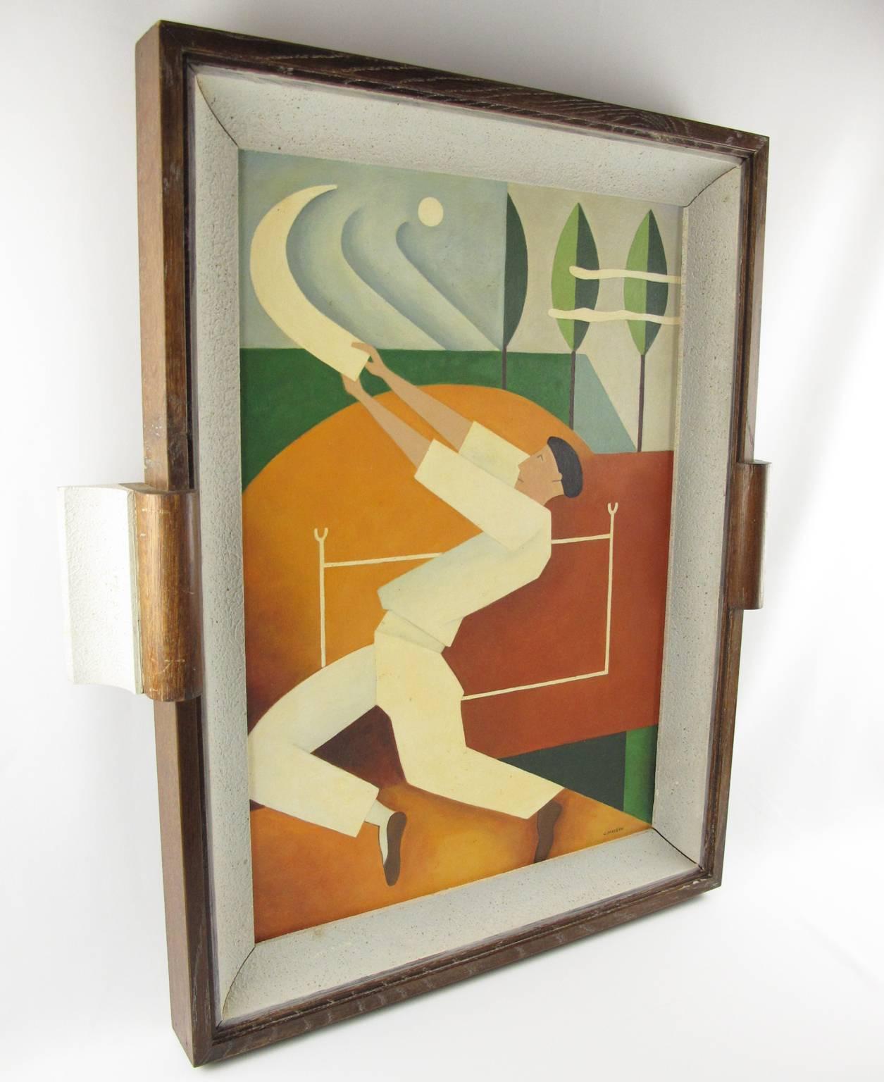 Cerused Art Deco Cubist Gouache on Board Painting by C. Massin Sport, Chistera, Jai Alai