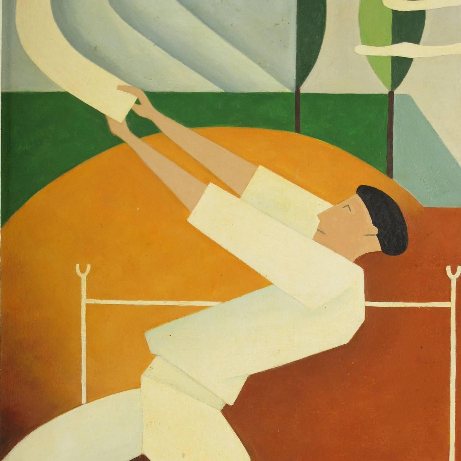 French Art Deco Cubist Gouache on Board Painting by C. Massin Sport, Chistera, Jai Alai