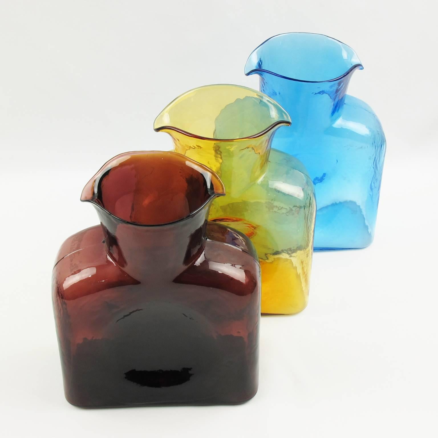 Blown Glass Mid-Century Set of Three Double Spouted Pitchers Decanters by Blenko Glass