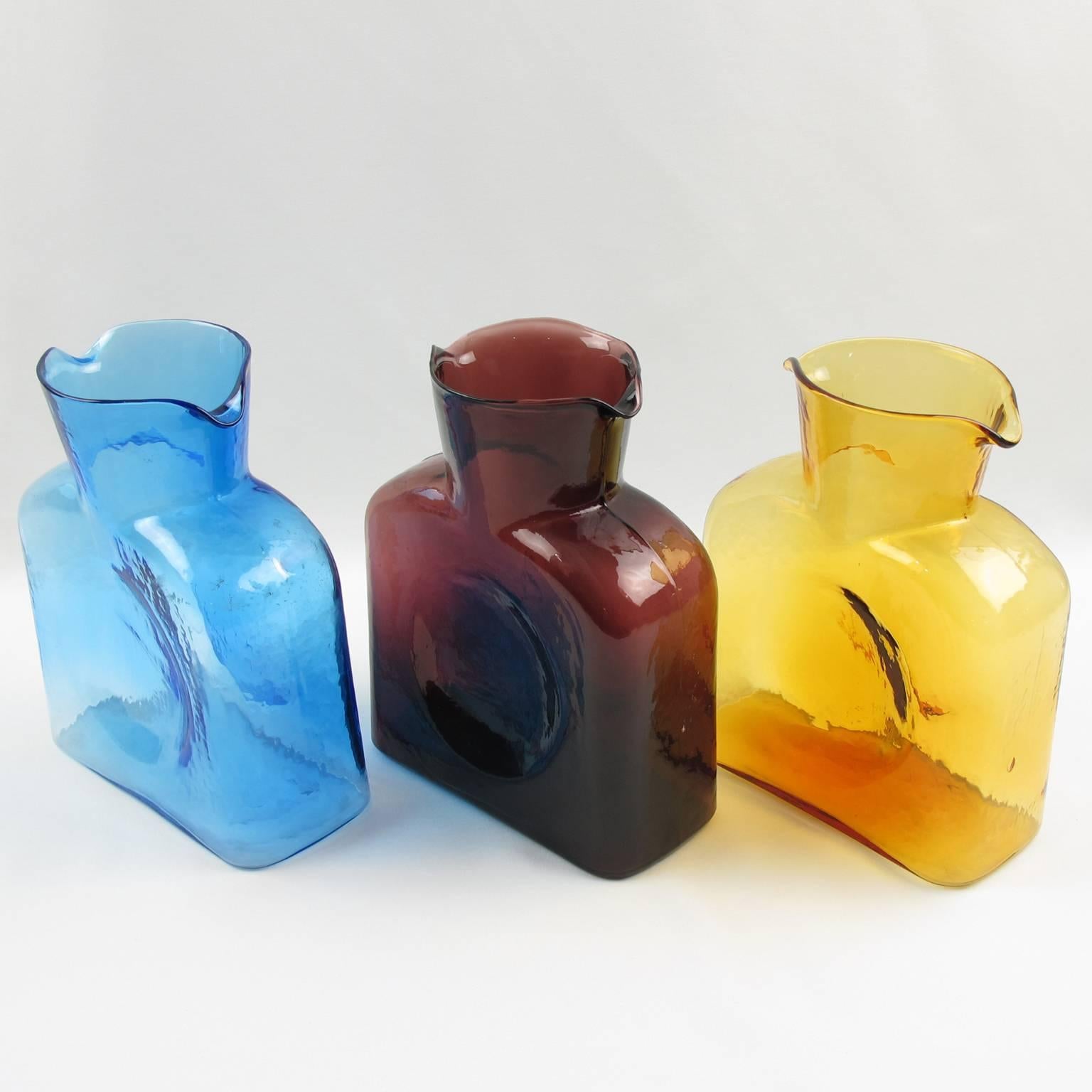 Mid-Century Modern Mid-Century Set of Three Double Spouted Pitchers Decanters by Blenko Glass