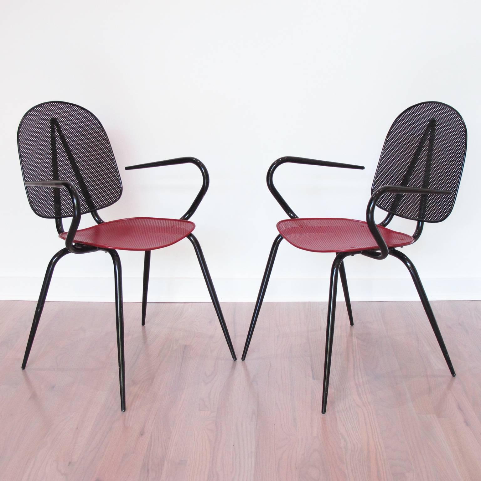 French Mathieu Matégot Black Red Perforated Metal Pair of Armchair Chair, circa 1950s