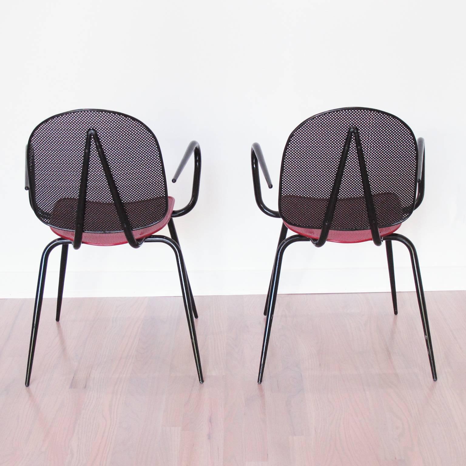 Mathieu Matégot Black Red Perforated Metal Pair of Armchair Chair, circa 1950s In Excellent Condition In Atlanta, GA