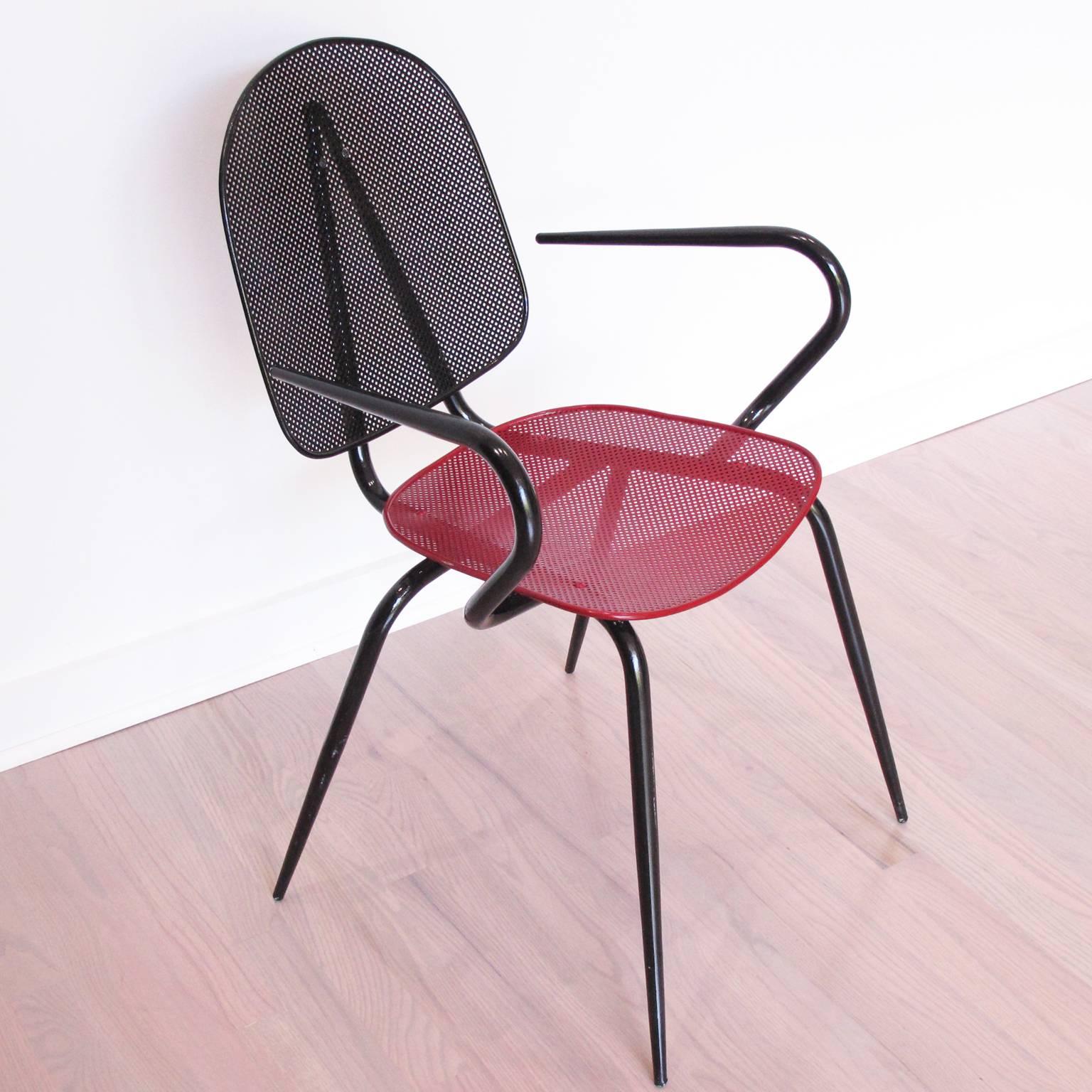 Mid-20th Century Mathieu Matégot Black Red Perforated Metal Pair of Armchair Chair, circa 1950s