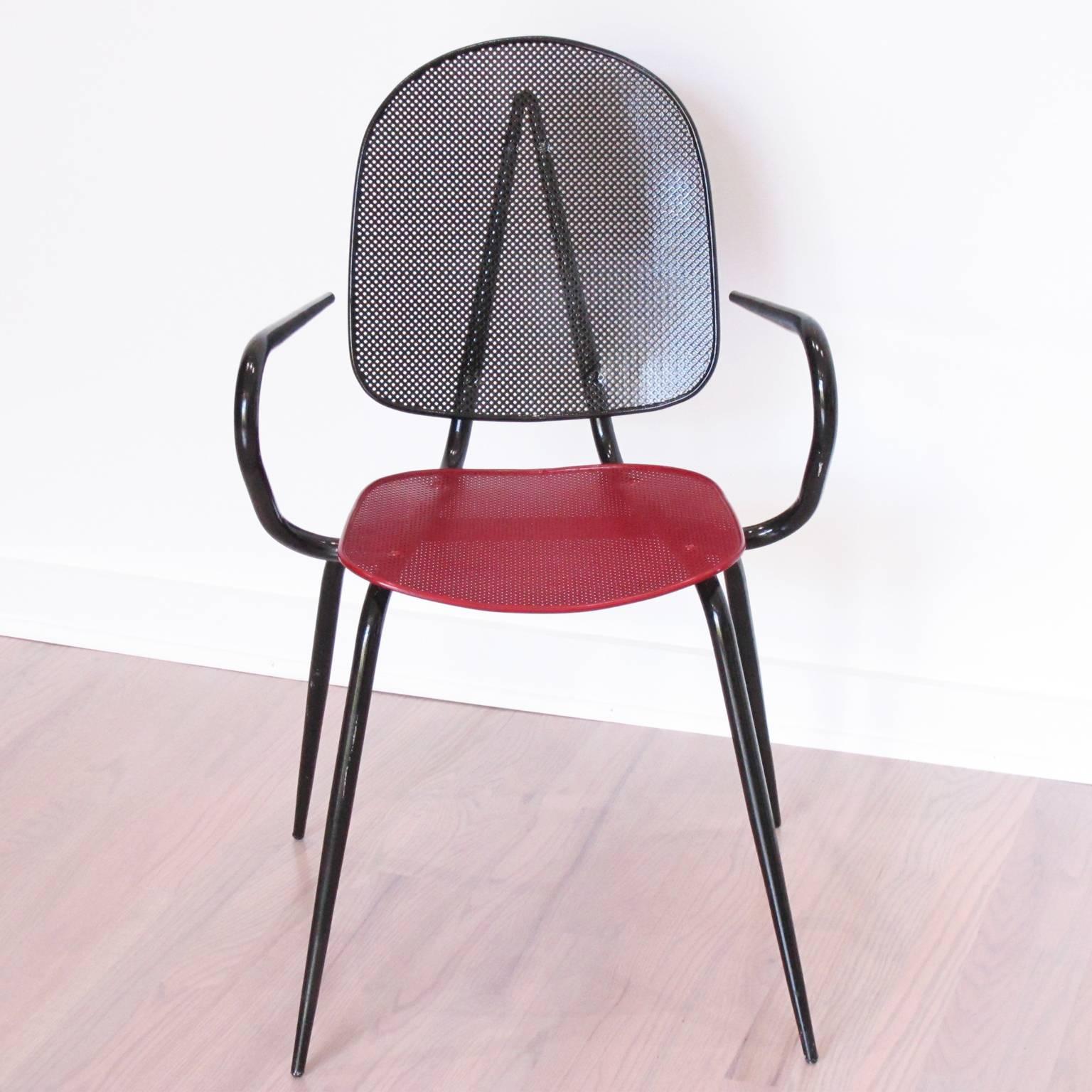 Mathieu Matégot Black Red Perforated Metal Pair of Armchair Chair, circa 1950s 1