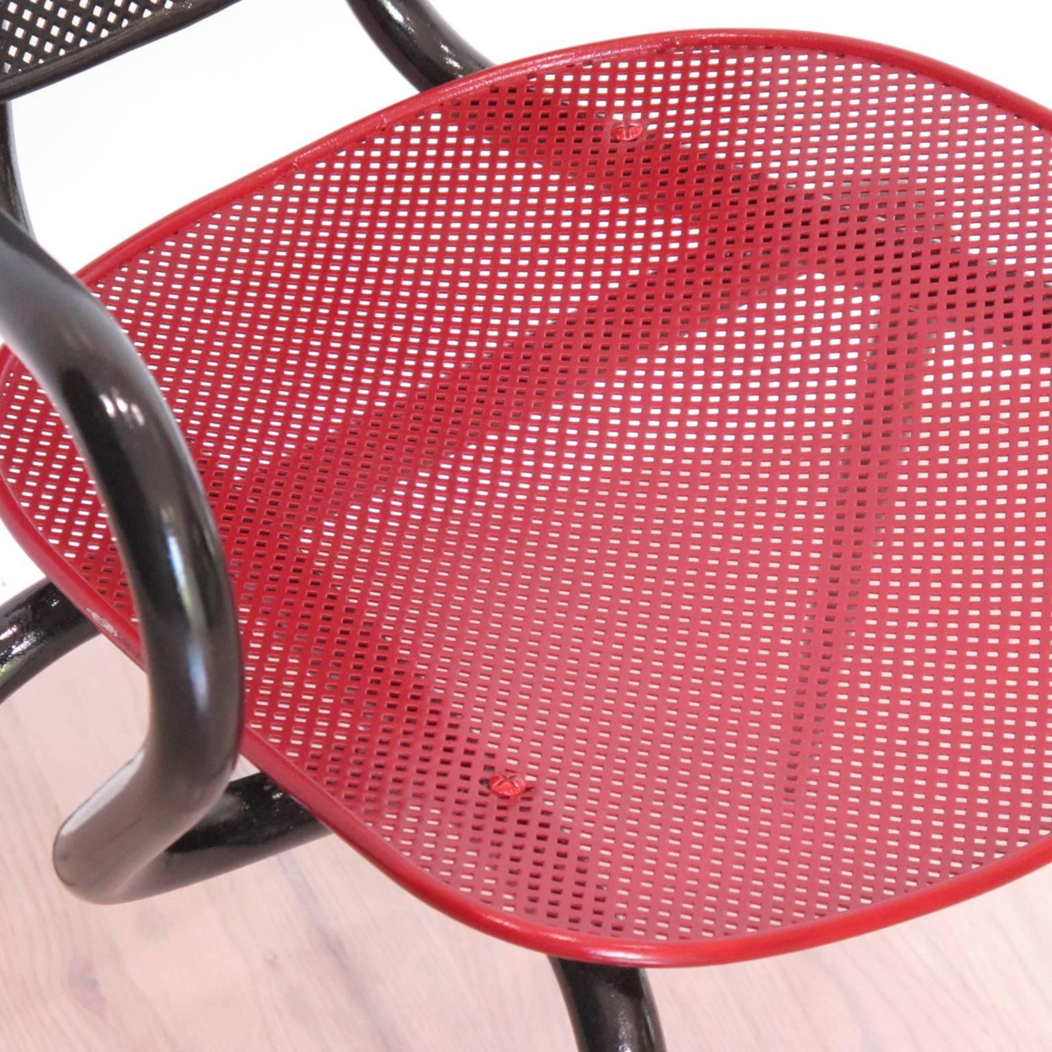 Mathieu Matégot Black Red Perforated Metal Pair of Armchair Chair, circa 1950s 2
