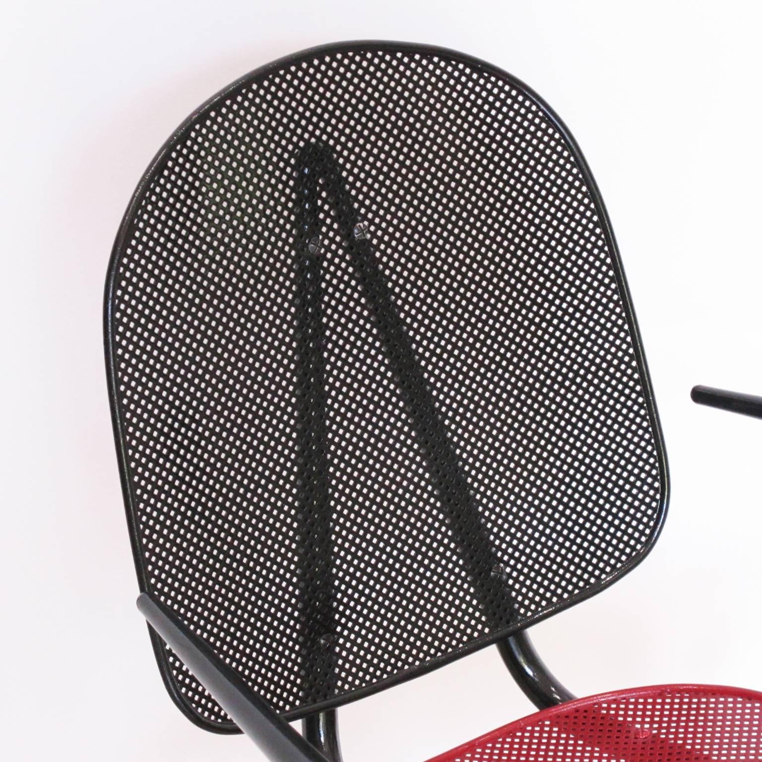 Mathieu Matégot Black Red Perforated Metal Pair of Armchair Chair, circa 1950s 3