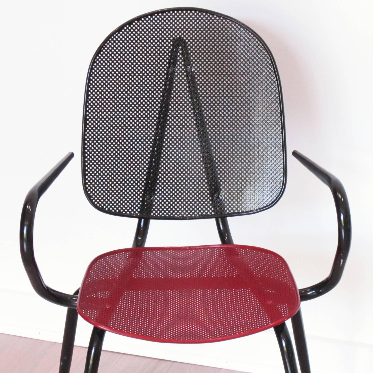 Mathieu Matégot Black Red Perforated Metal Pair of Armchair Chair, circa 1950s 4