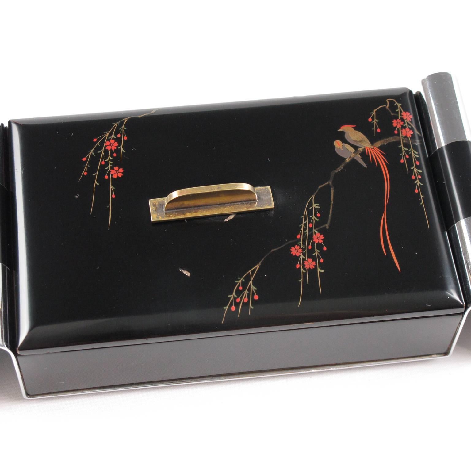 Rare Art Deco Japanese Lacquer and Chrome Decorative Box by Dunhill & Namiki In Good Condition In Atlanta, GA