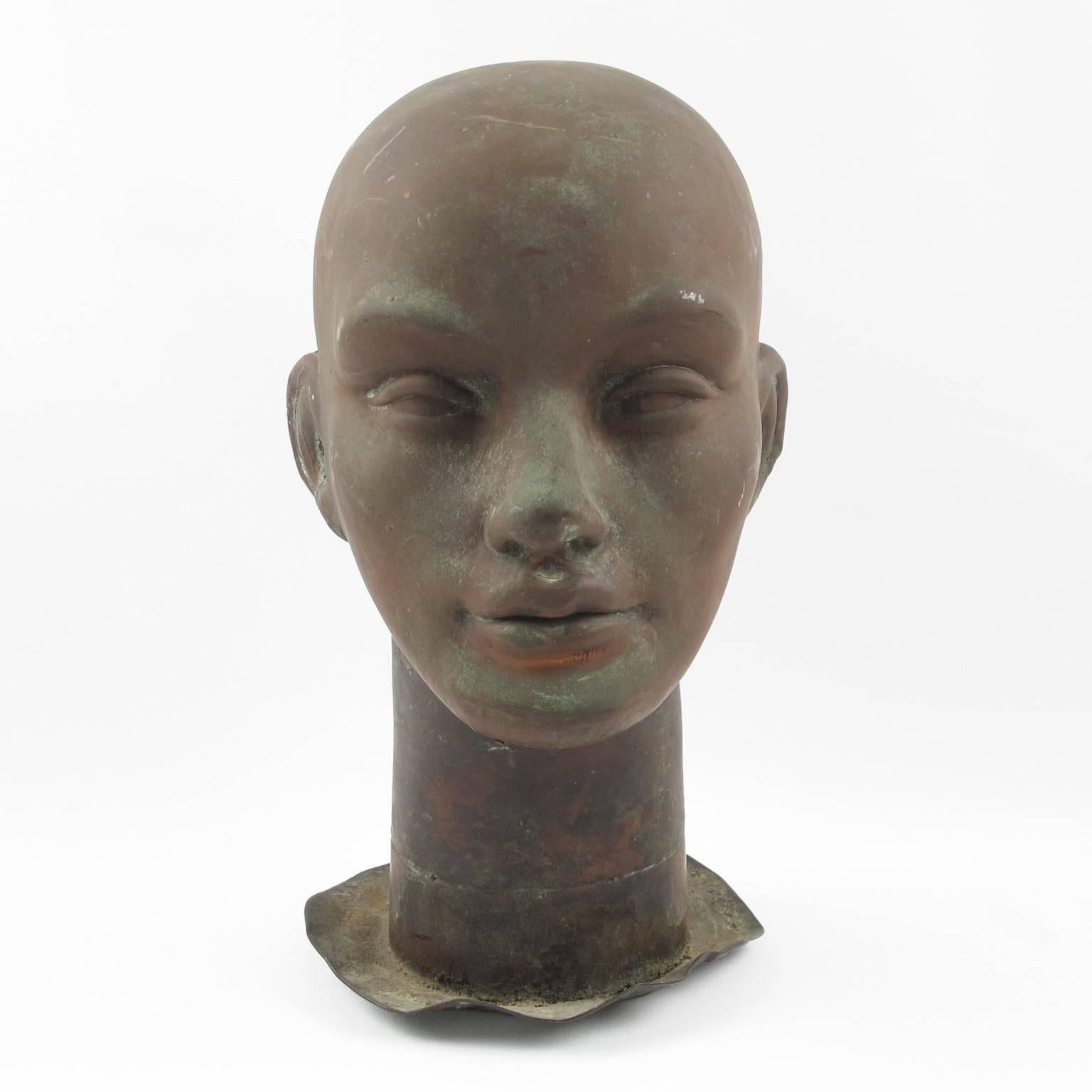 Rare stunning French factory Industrial adult head mold. This is a young woman head. It was probably made for an advertisement figure of some sort or was used as model parts. The mold is made of copper and has a (Made in France) reverse tag in the