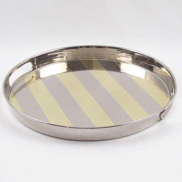 MidCentury Modernist Round Chrome and Brass Bar Serving Tray For Sale