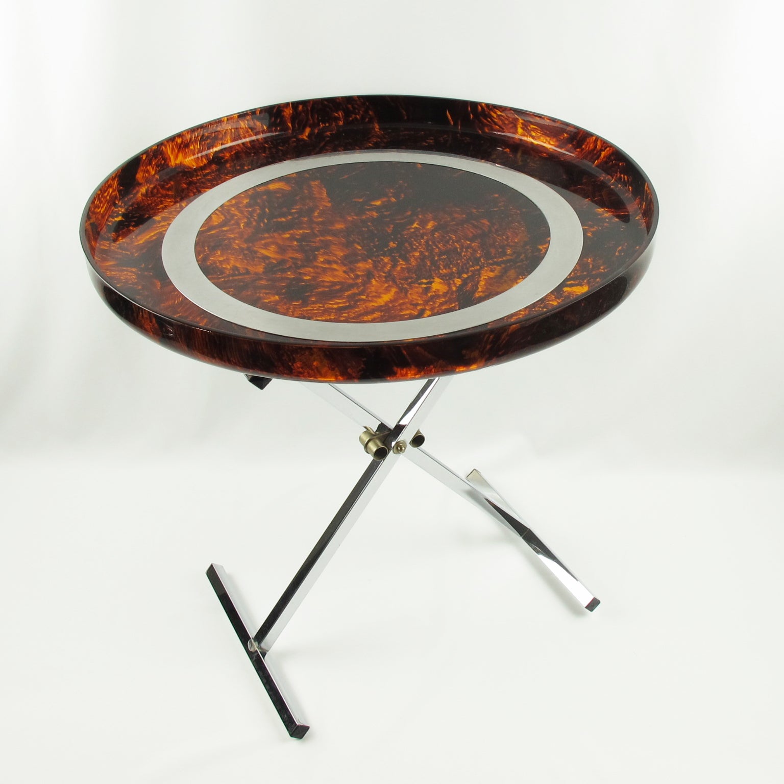 Mid Century Modern Folding Tray Table Tortoise Lucite And Chrome, Italy, Mid Century Modern Folding Tray Table Tortoise Lucite And Chrome, Italy,