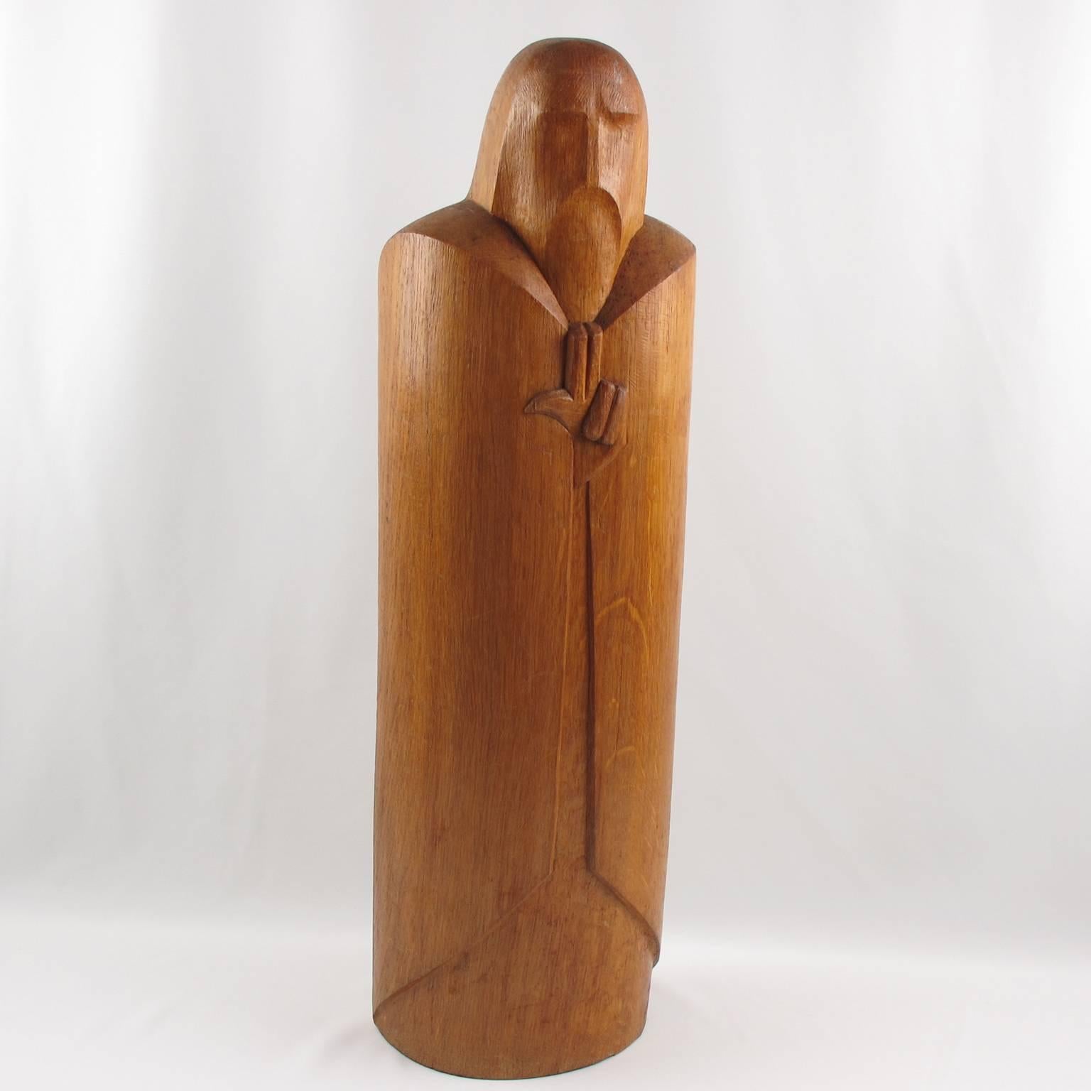 Extremely rare original wood sculpture by Wenzel Profant (1913-1989). Absolute minimalist carved shape featuring a monk or a knight, with Profant engraved monogram signature on bottom side. Luxembourg, circa 1950s. Excellent vintage