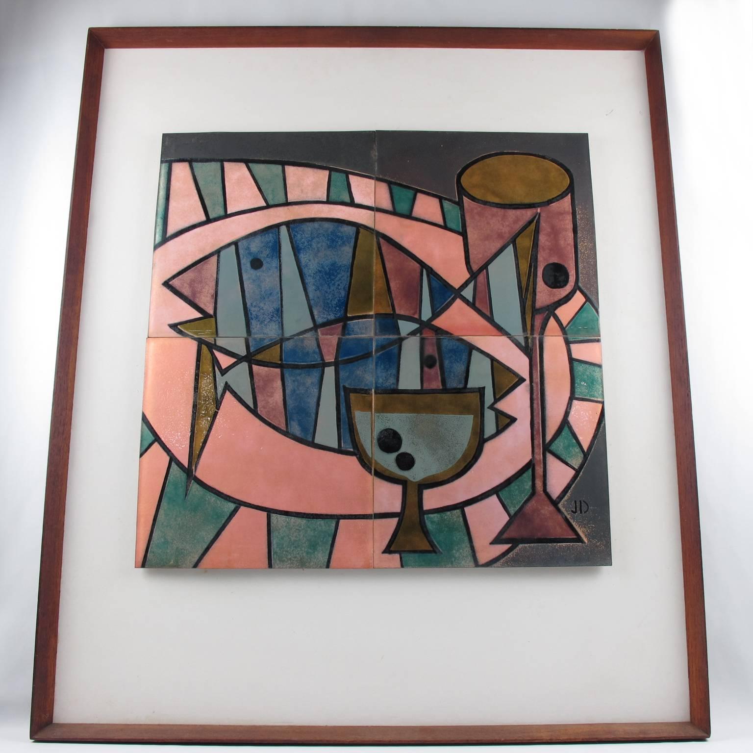 American Mid-Century Modern Stylized Still Life Enamel on Copper Panel by Judith Daner