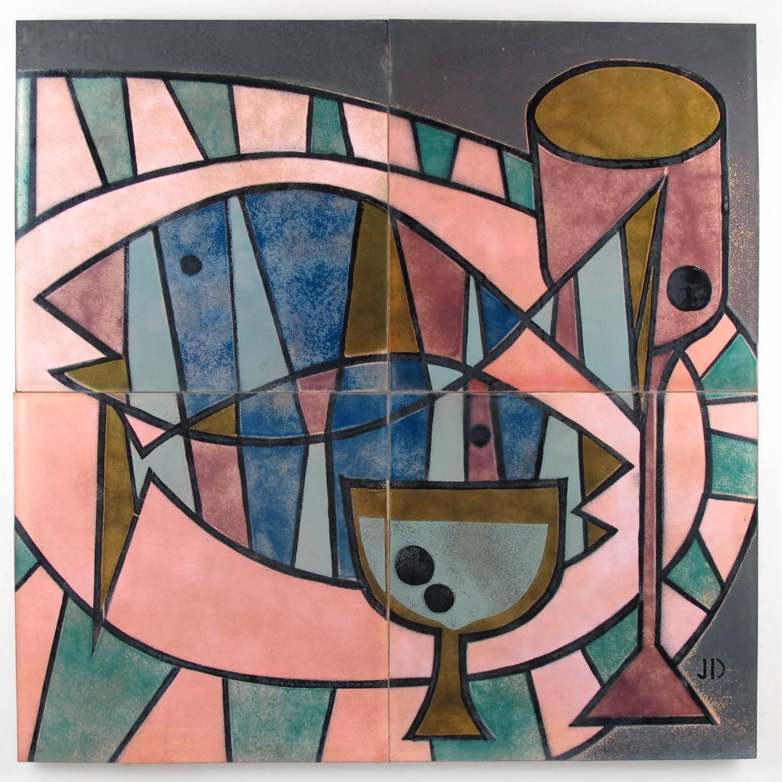 Gorgeous Mid-Century modernist enamel on copper artwork by Judith Daner. Four tile plaques mounted together on original shadow box wood frame with large white paper matte. Abstract and stylized design featuring still life, fish, plates and glasses,