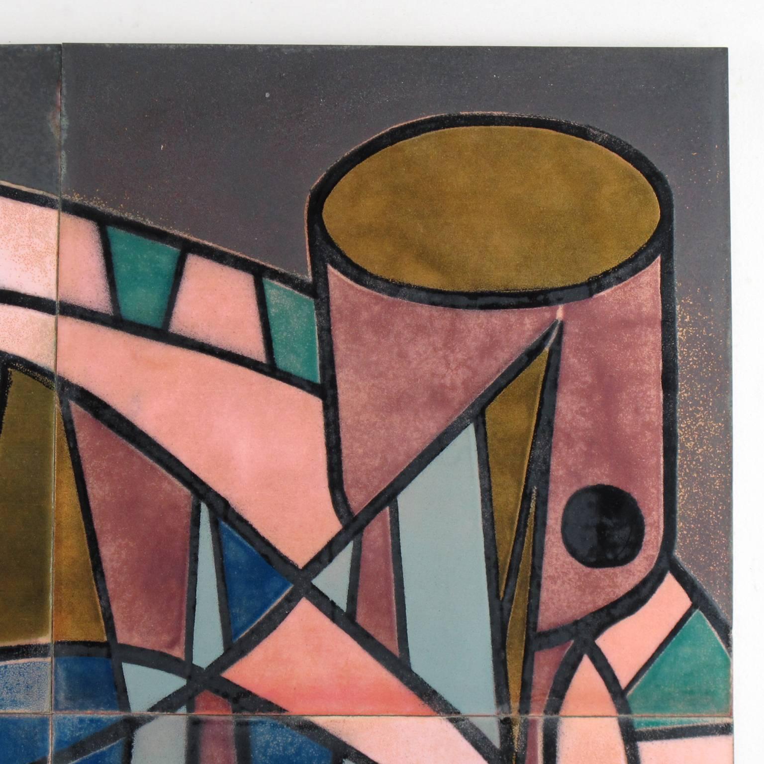 American Mid-Century Modern Stylized Still Life Enamel on Copper Panel by Judith Daner