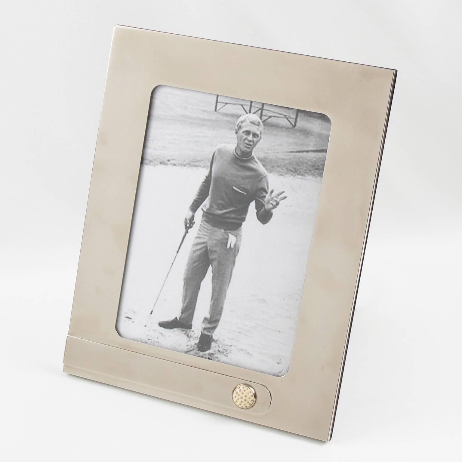 Classic and iconic vintage picture photo frame by Italian designer Gucci. Timeless and elegant polished silver plate with bone golf ball design. Rich high gloss walnut wood back and easel. Marked on side: Gucci - made in Italy. Perfect size frame.