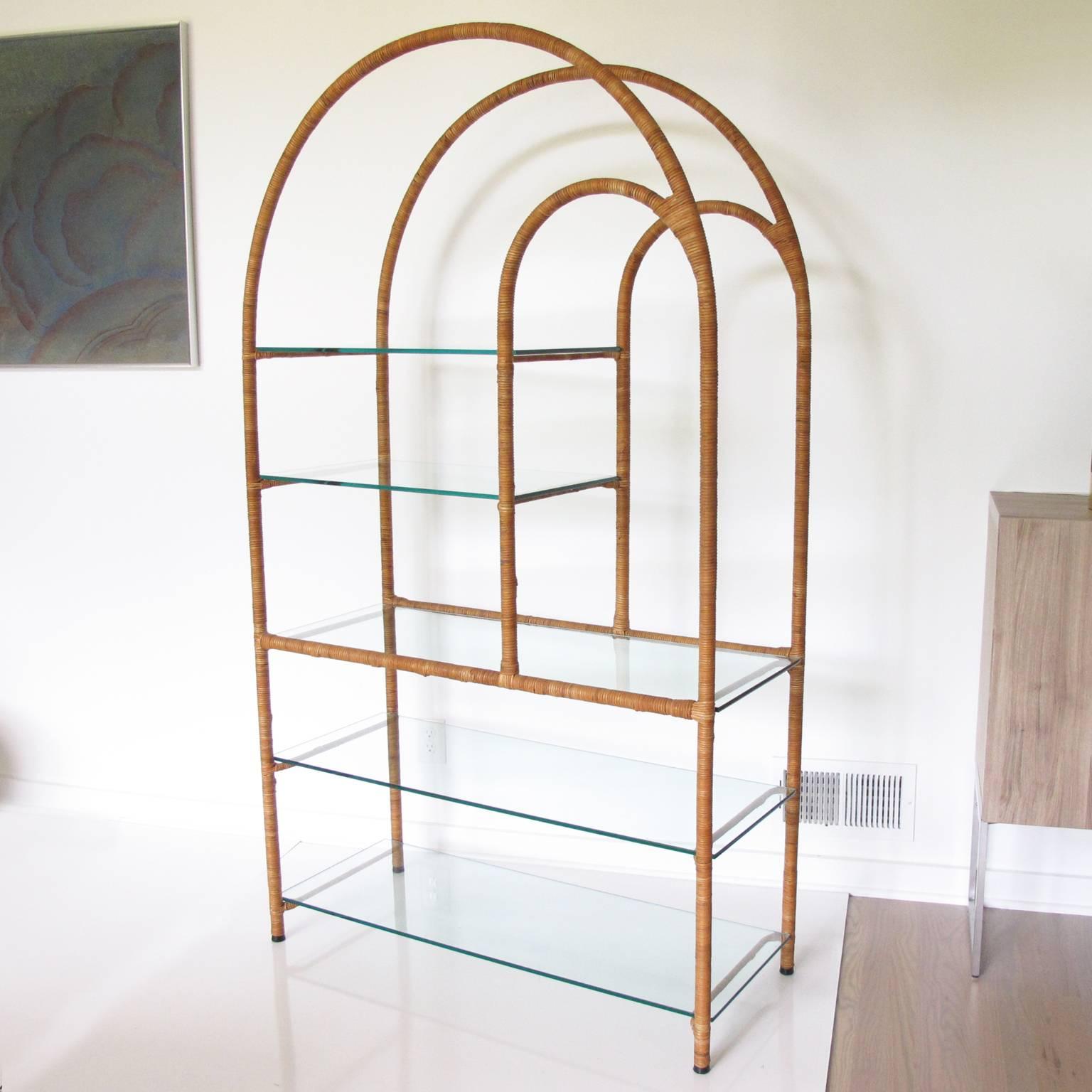 American Milo Baughman Style Mid-Century Modern Rattan and Glass Etagere Bookcase