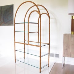 Milo Baughman Style Mid-Century Modern Rattan and Glass Etagere Bookcase