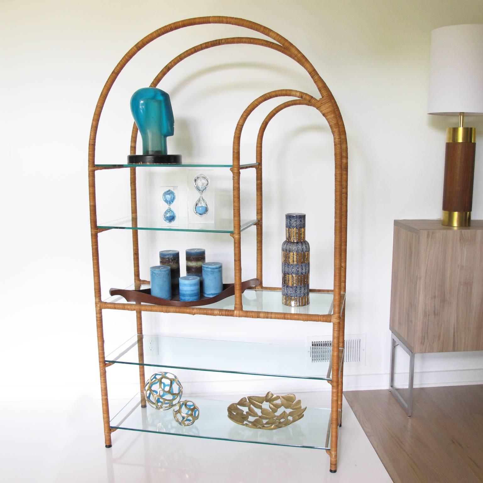 Hollywood Regency Milo Baughman Style Mid-Century Modern Rattan and Glass Etagere Bookcase