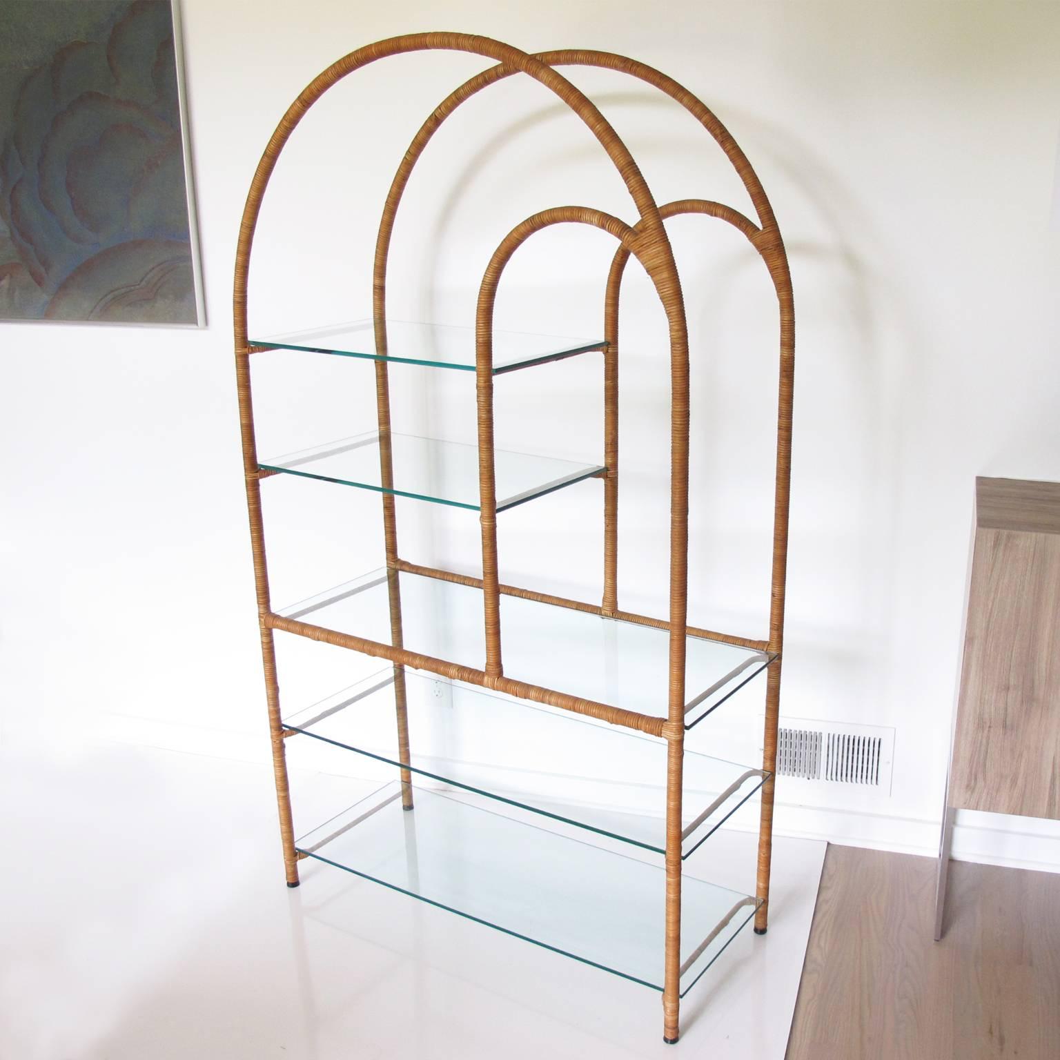 Milo Baughman Style Mid-Century Modern Rattan and Glass Etagere Bookcase In Excellent Condition In Atlanta, GA