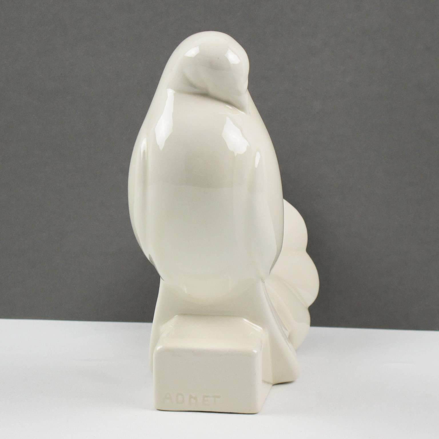 French Jacques Adnet 1925 Crackled Ceramic Faience Bird Dove Sculpture