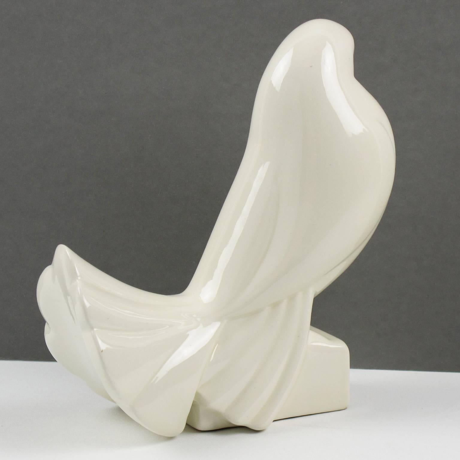 Jacques Adnet 1925 Crackled Ceramic Faience Bird Dove Sculpture In Excellent Condition In Atlanta, GA