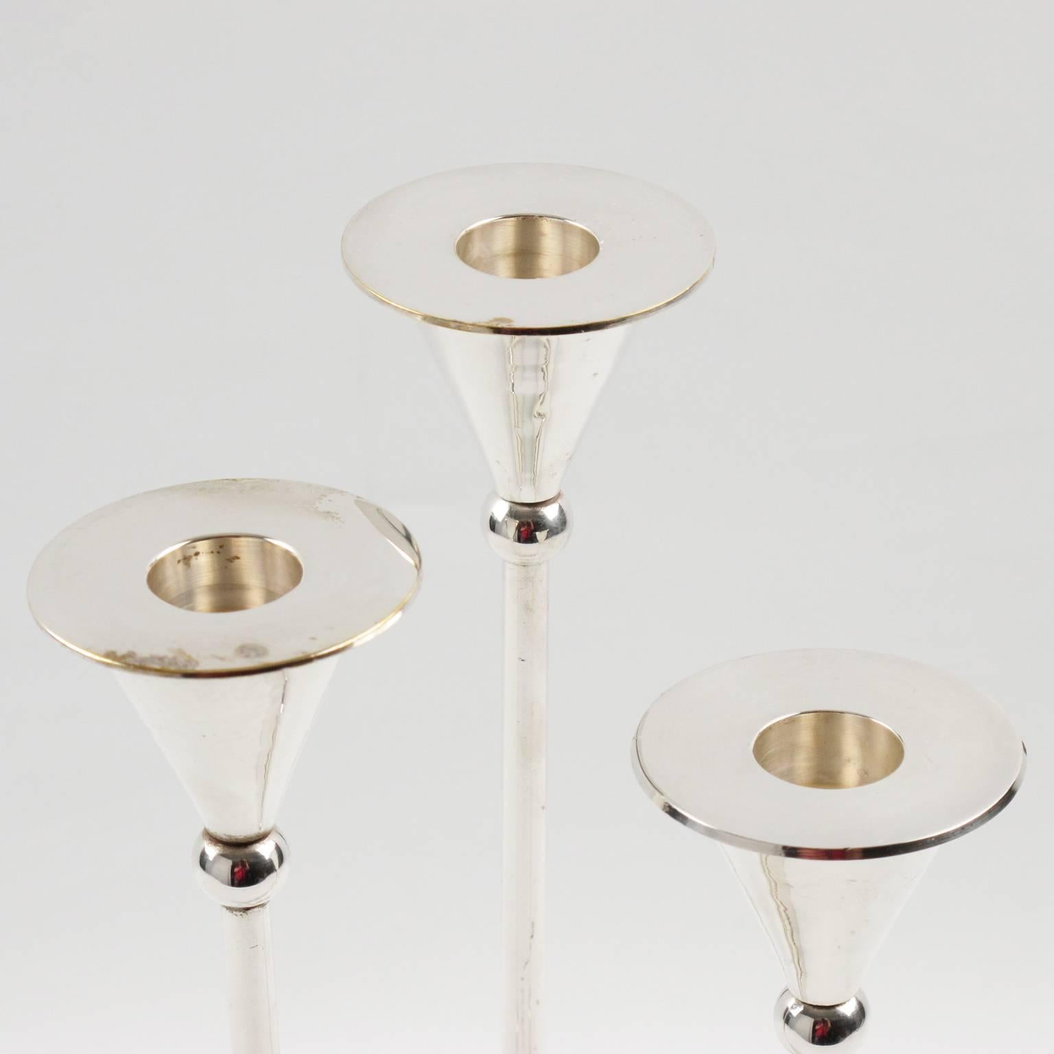 Late 20th Century Italian 1970s Modernist Silver Plate Candlesticks Trio Set