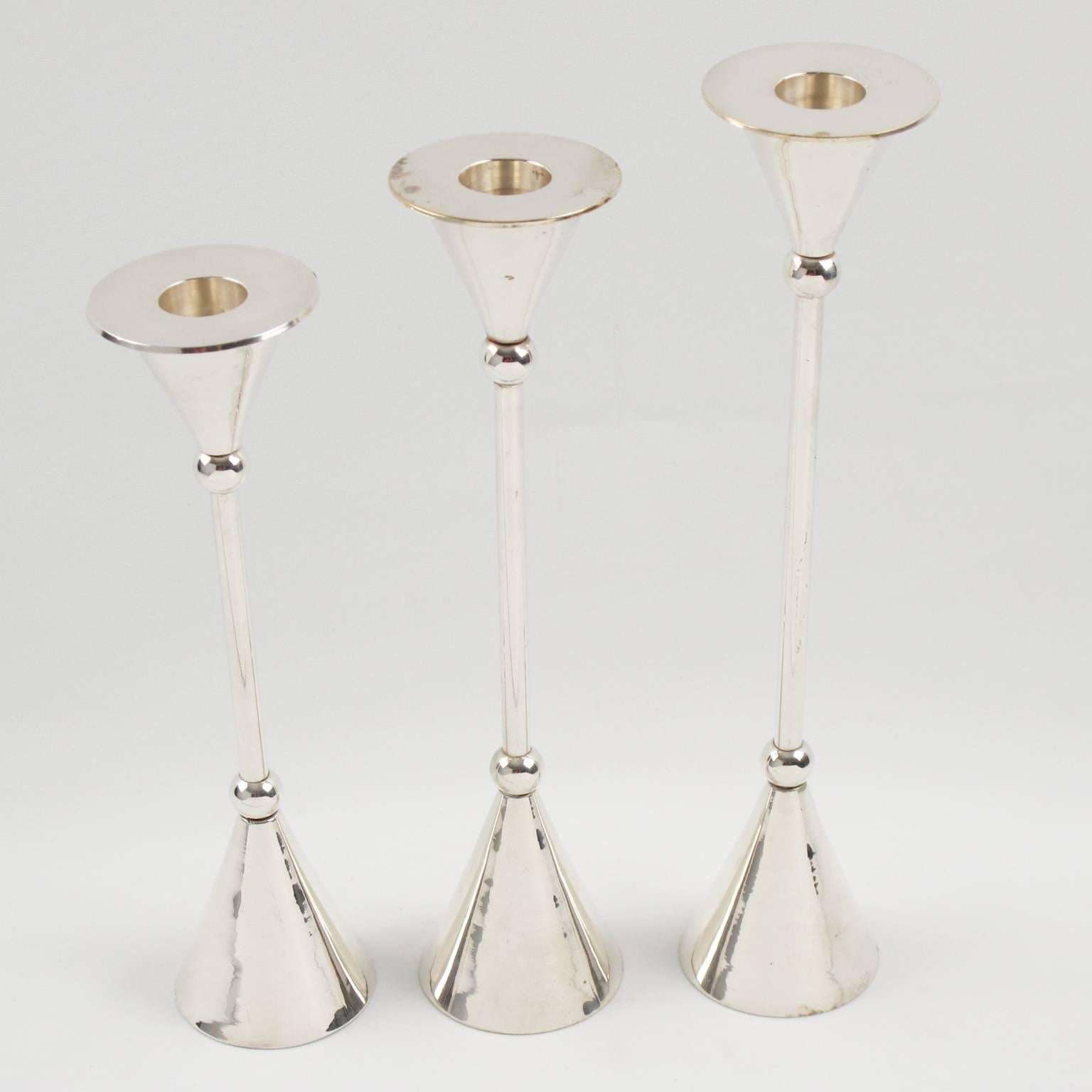 Mid-Century Modern Italian 1970s Modernist Silver Plate Candlesticks Trio Set
