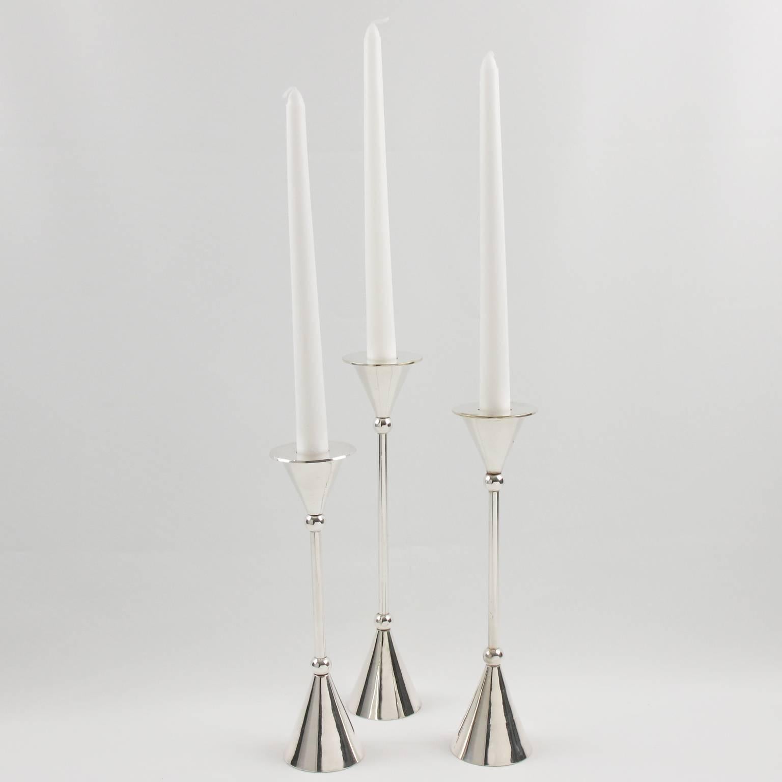 Italian 1970s Modernist Silver Plate Candlesticks Trio Set 1