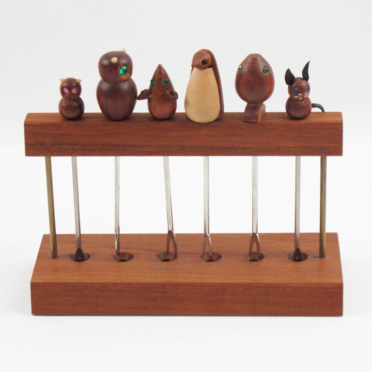 French MidCentury Modern Teak Barware Cocktail Picks Carved Animals