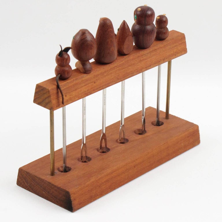 French MidCentury Modern Teak Barware Cocktail Picks Carved Animals