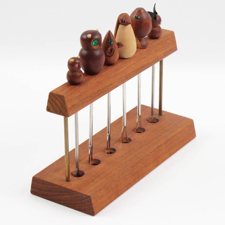 French MidCentury Modern Teak Barware Cocktail Picks Carved Animals