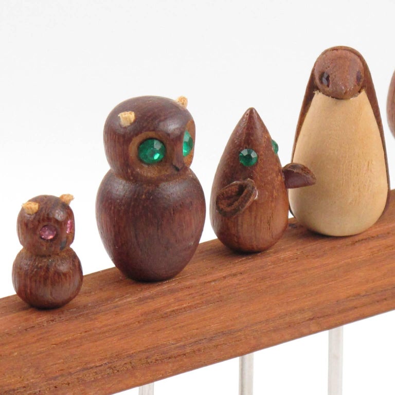 French MidCentury Modern Teak Barware Cocktail Picks Carved Animals