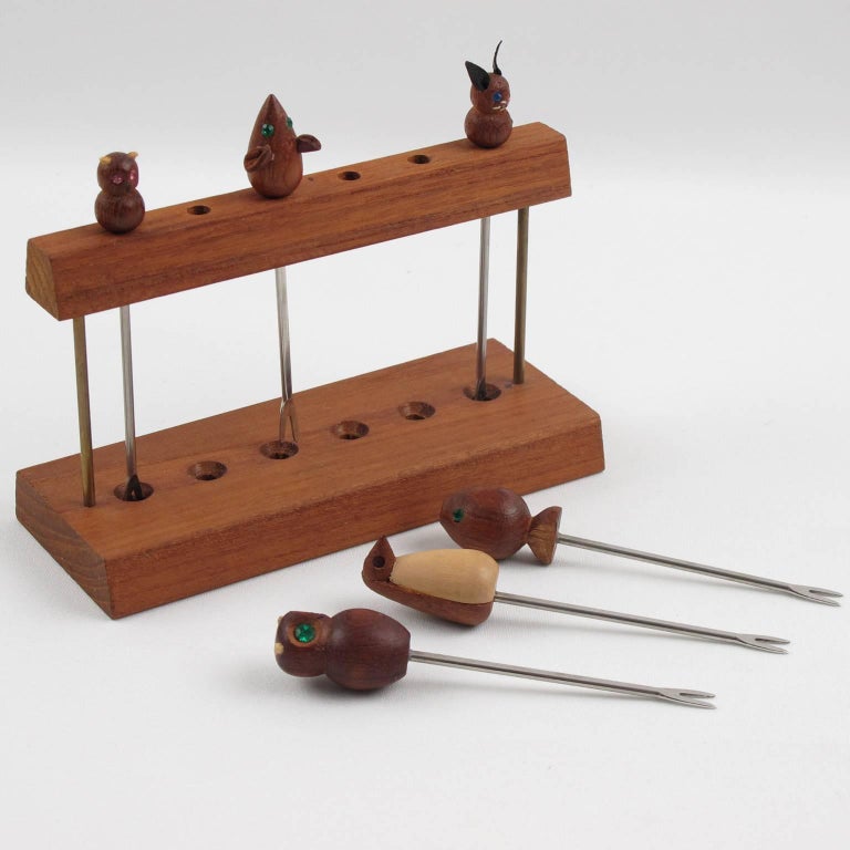 French MidCentury Modern Teak Barware Cocktail Picks Carved Animals