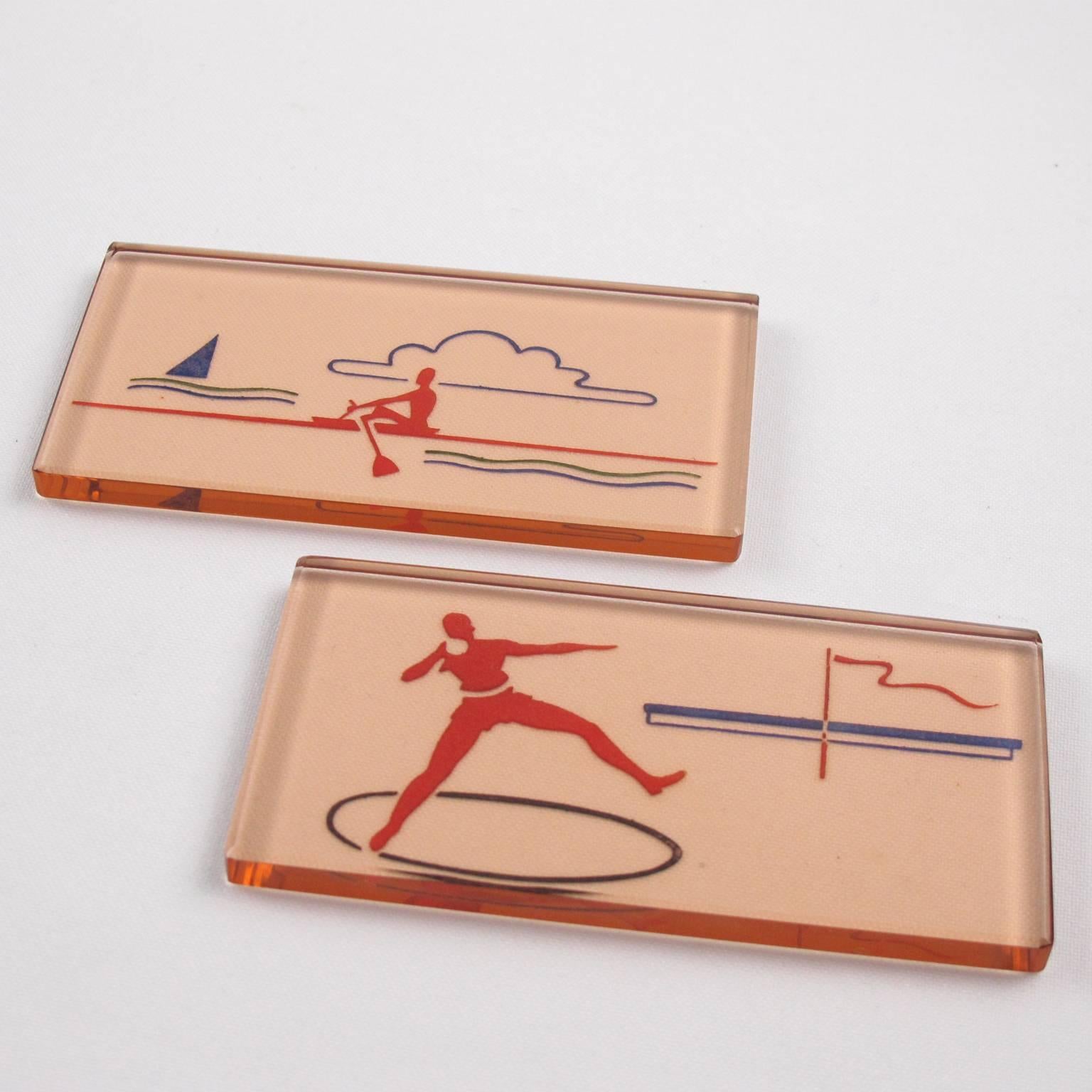 French Art Deco Sport Memorabilia Copper Glass Knife Rests Set in Box, 1930s 1
