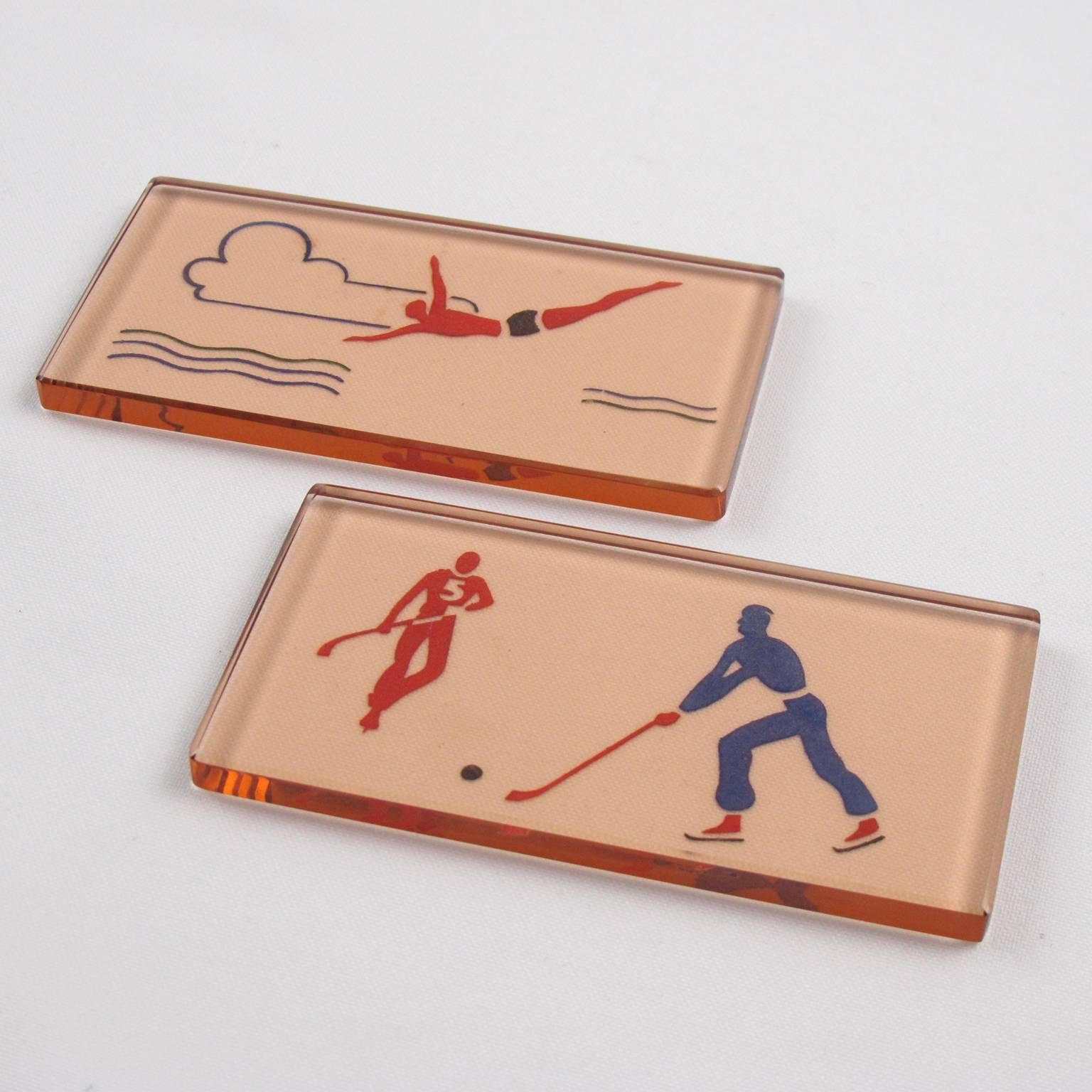 French Art Deco Sport Memorabilia Copper Glass Knife Rests Set in Box, 1930s 2