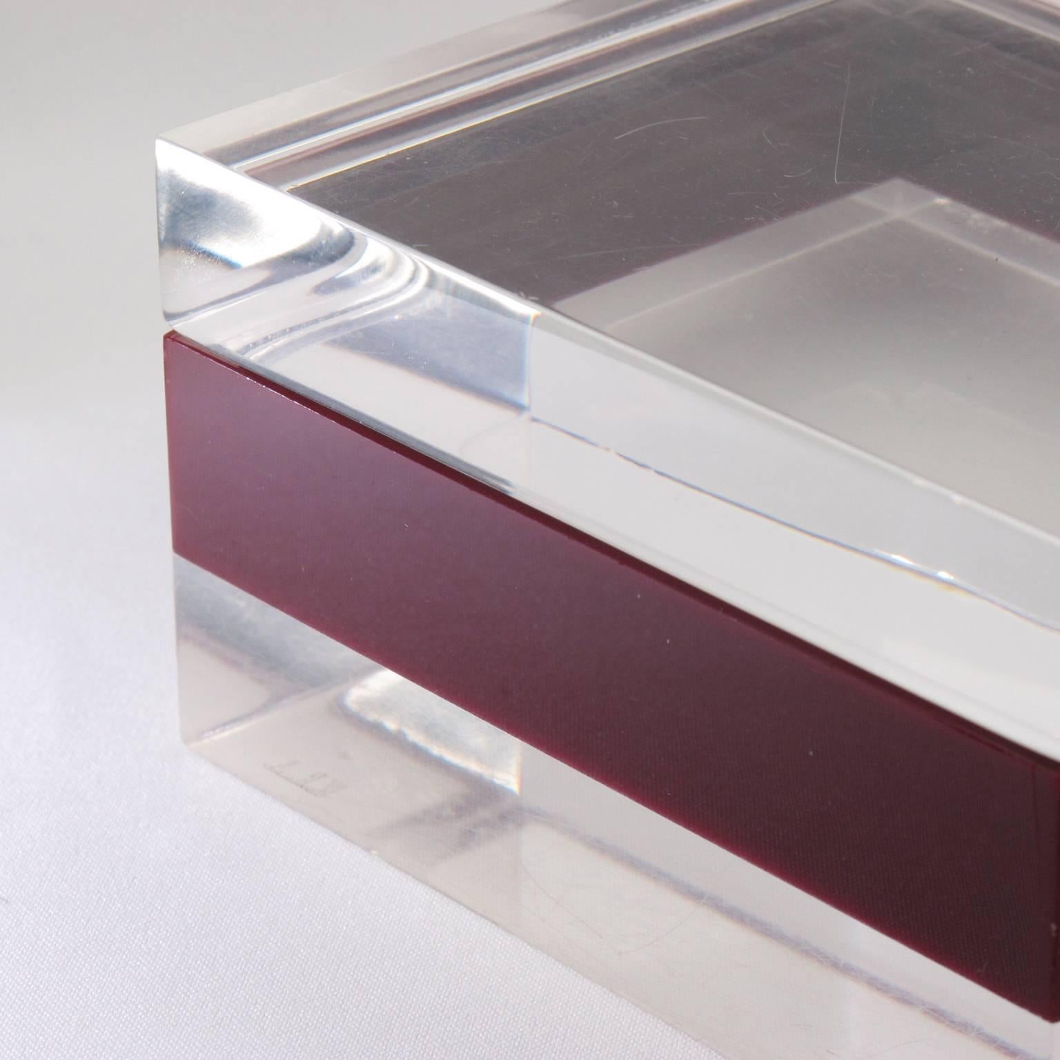Plexiglass Mid-Century Modern Clear and Cranberry Lucite Lidded Box by Dunhill, circa 1970s