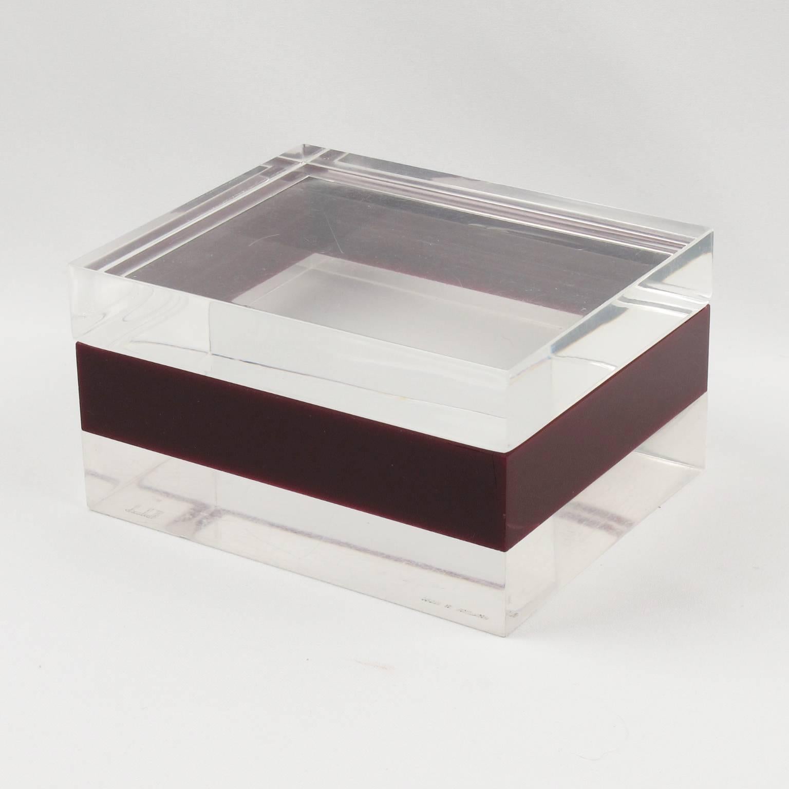 Mid-Century Modern Clear and Cranberry Lucite Lidded Box by Dunhill, circa 1970s 1